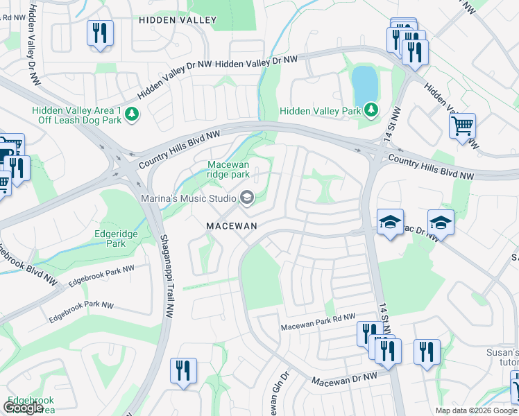 map of restaurants, bars, coffee shops, grocery stores, and more near 49 Macewan Ridge Close Northwest in Calgary