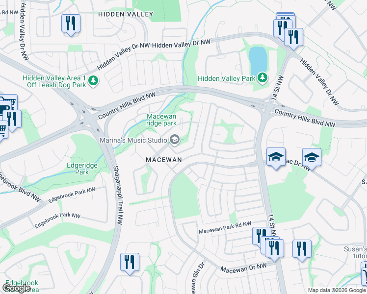 map of restaurants, bars, coffee shops, grocery stores, and more near 49 Macewan Ridge Close Northwest in Calgary