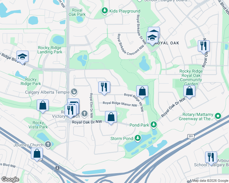 map of restaurants, bars, coffee shops, grocery stores, and more near 66 Royal Ridge Mount Northwest in Calgary