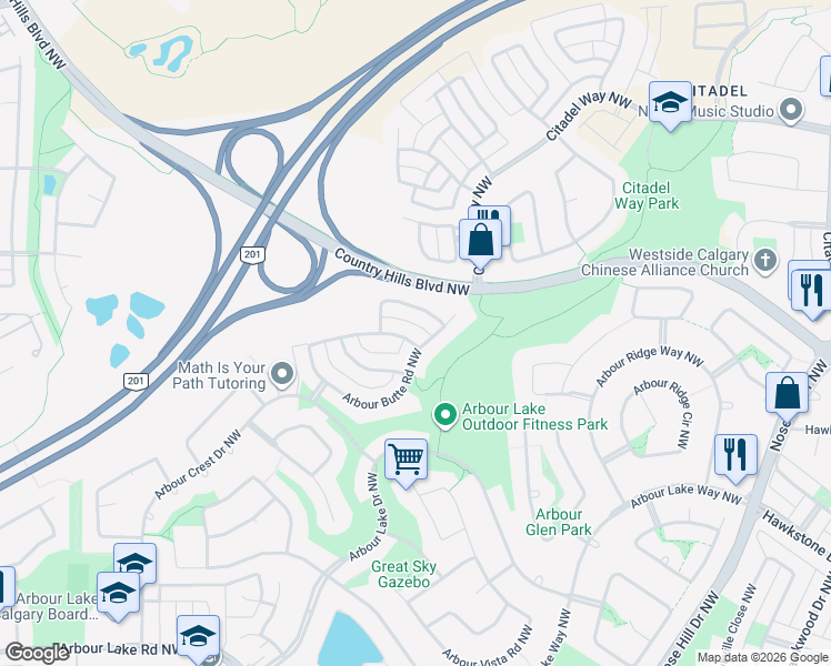 map of restaurants, bars, coffee shops, grocery stores, and more near 102 Arbour Butte Road Northwest in Calgary