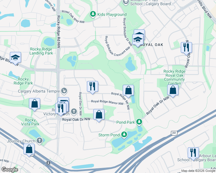 map of restaurants, bars, coffee shops, grocery stores, and more near 93 Royal Ridge Mount Northwest in Calgary