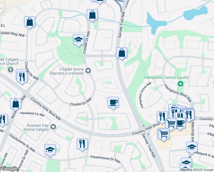 map of restaurants, bars, coffee shops, grocery stores, and more near 171 Citadel Close Northwest in Calgary