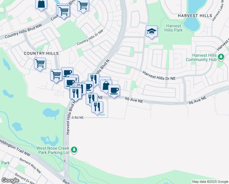 map of restaurants, bars, coffee shops, grocery stores, and more near 7 Harvest Gold Manor Northeast in Calgary