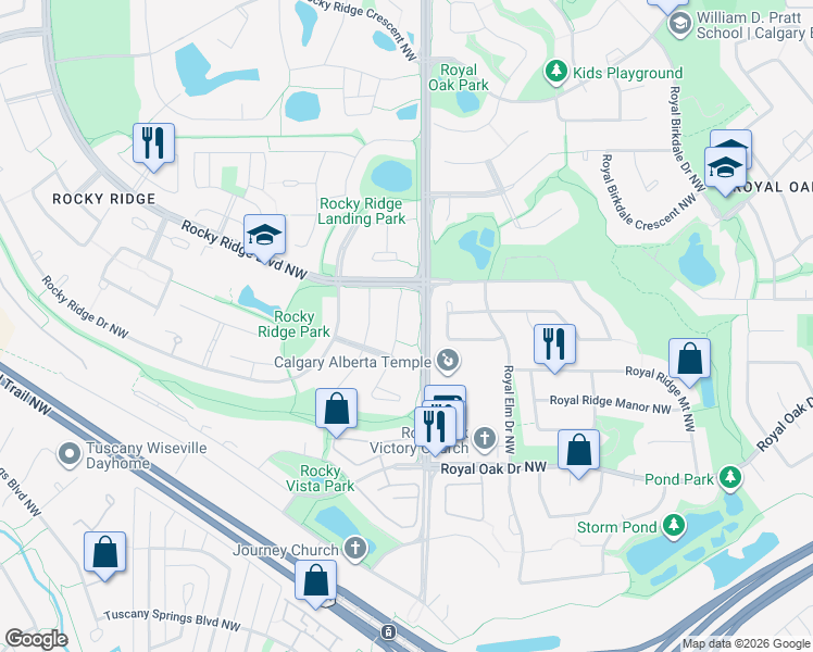 map of restaurants, bars, coffee shops, grocery stores, and more near 431 Rocky Ridge Bay Northwest in Calgary