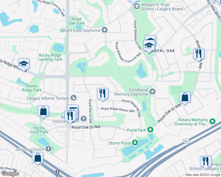 map of restaurants, bars, coffee shops, grocery stores, and more near 106 Royal Elm Road Northwest in Calgary