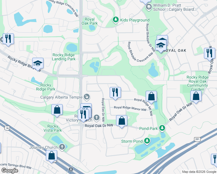 map of restaurants, bars, coffee shops, grocery stores, and more near Royal Elm Mews Northwest in Calgary