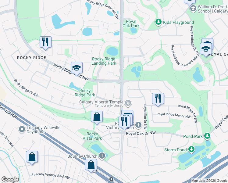 map of restaurants, bars, coffee shops, grocery stores, and more near 431 Rocky Ridge Bay Northwest in Calgary