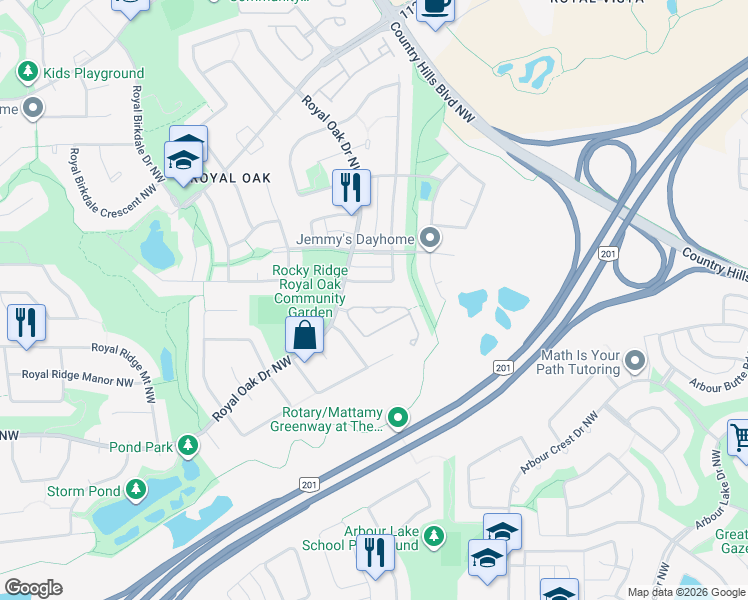 map of restaurants, bars, coffee shops, grocery stores, and more near 45 Royal Crest View Northwest in Calgary