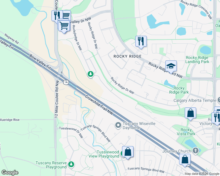 map of restaurants, bars, coffee shops, grocery stores, and more near 148 Rockyledge View Northwest in Calgary