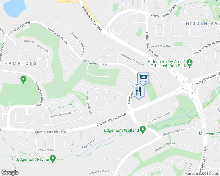 map of restaurants, bars, coffee shops, grocery stores, and more near 56 Hampstead Road Northwest in Calgary
