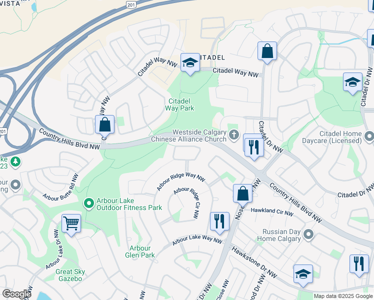 map of restaurants, bars, coffee shops, grocery stores, and more near 65 Arbour Ridge Close Northwest in Calgary