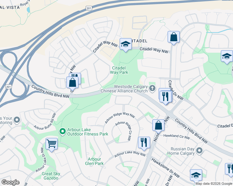 map of restaurants, bars, coffee shops, grocery stores, and more near 80 Arbour Ridge Close Northwest in Calgary