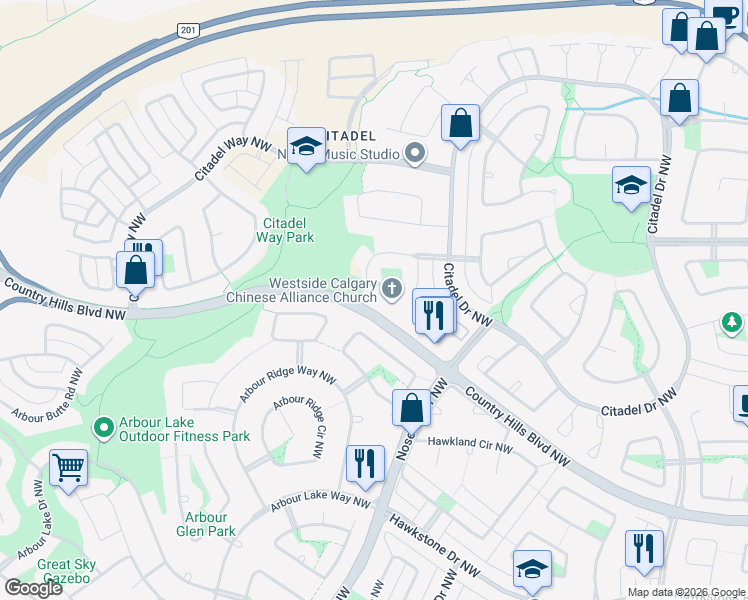 map of restaurants, bars, coffee shops, grocery stores, and more near 190 Arbour Ridge Park Northwest in Calgary