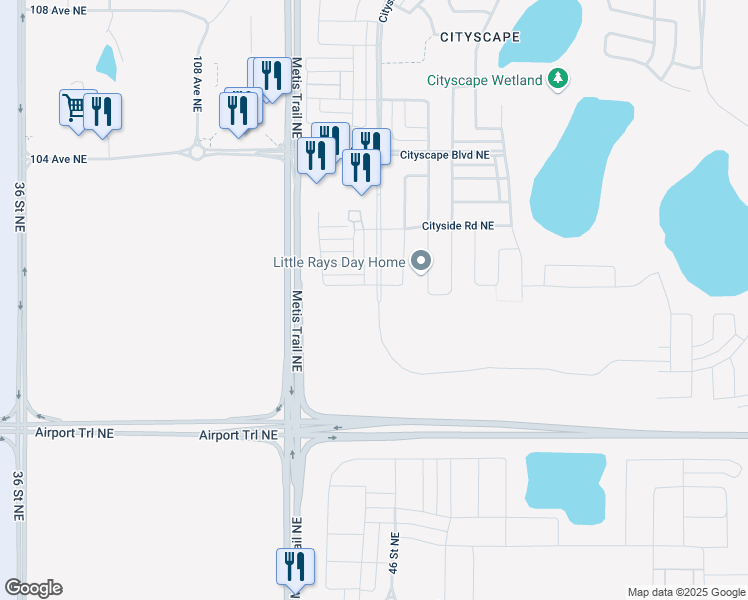 map of restaurants, bars, coffee shops, grocery stores, and more near Metis Trail Northeast in Calgary