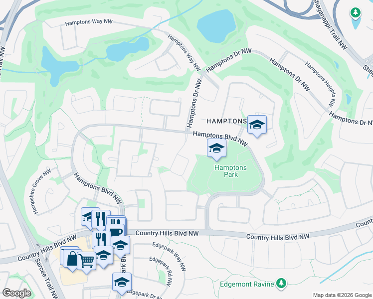 map of restaurants, bars, coffee shops, grocery stores, and more near 4 Hamptons Heath Northwest in Calgary