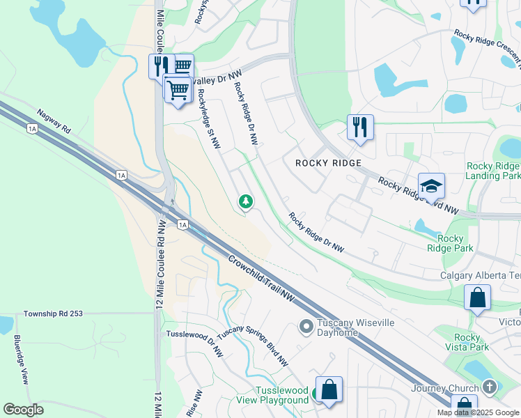 map of restaurants, bars, coffee shops, grocery stores, and more near 395 Rocky Ridge Drive Northwest in Calgary