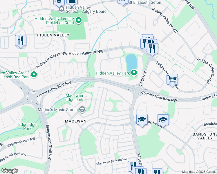 map of restaurants, bars, coffee shops, grocery stores, and more near 631 Macewan Valley Road Northwest in Calgary