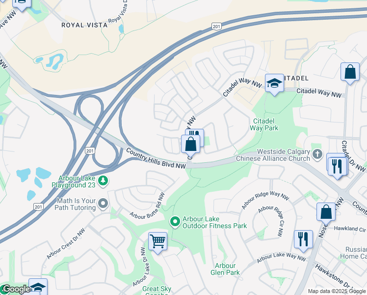 map of restaurants, bars, coffee shops, grocery stores, and more near 15 Citadel Vista Close Northwest in Calgary