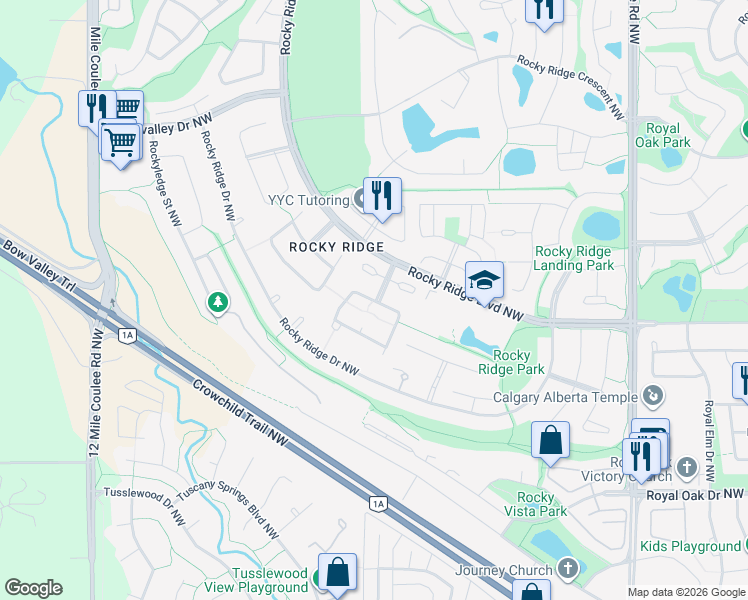 map of restaurants, bars, coffee shops, grocery stores, and more near Rocky Ridge Circle Northwest in Calgary