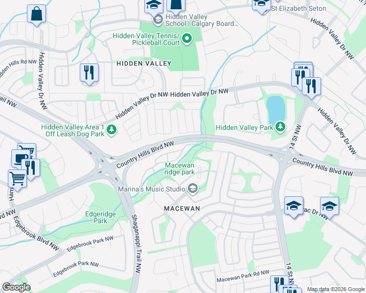 map of restaurants, bars, coffee shops, grocery stores, and more near 151 Macewan Ridge Villas Northwest in Calgary