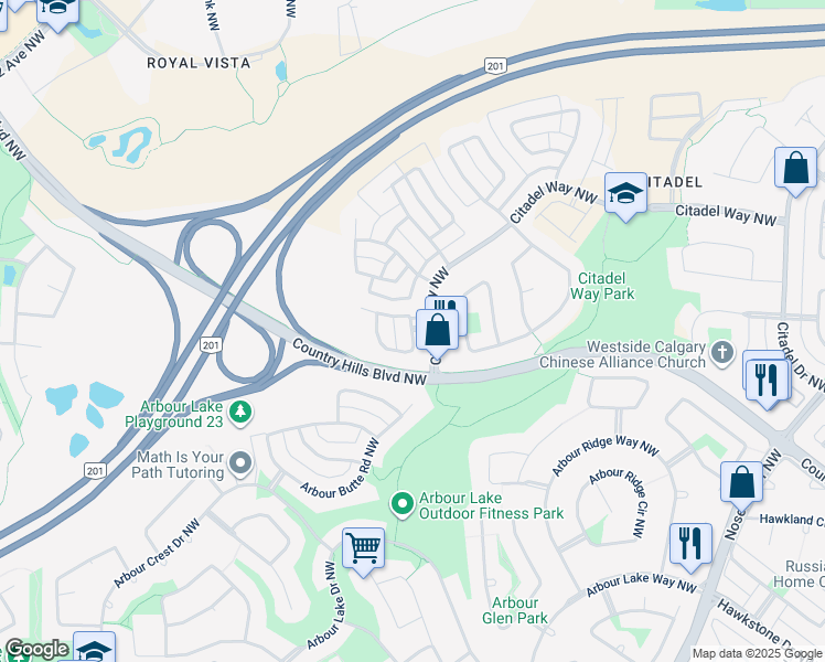 map of restaurants, bars, coffee shops, grocery stores, and more near Citadel Vista Close Northwest in Calgary