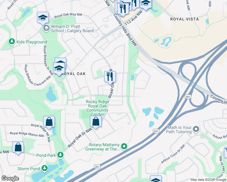 map of restaurants, bars, coffee shops, grocery stores, and more near 43 Royal Oak Drive Northwest in Calgary
