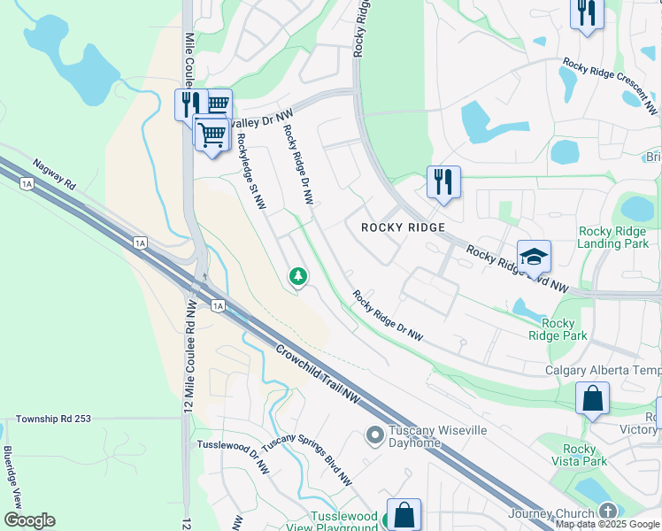 map of restaurants, bars, coffee shops, grocery stores, and more near 395 Rocky Ridge Drive Northwest in Calgary