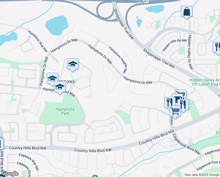 map of restaurants, bars, coffee shops, grocery stores, and more near 140 Hamptons Link Northwest in Calgary
