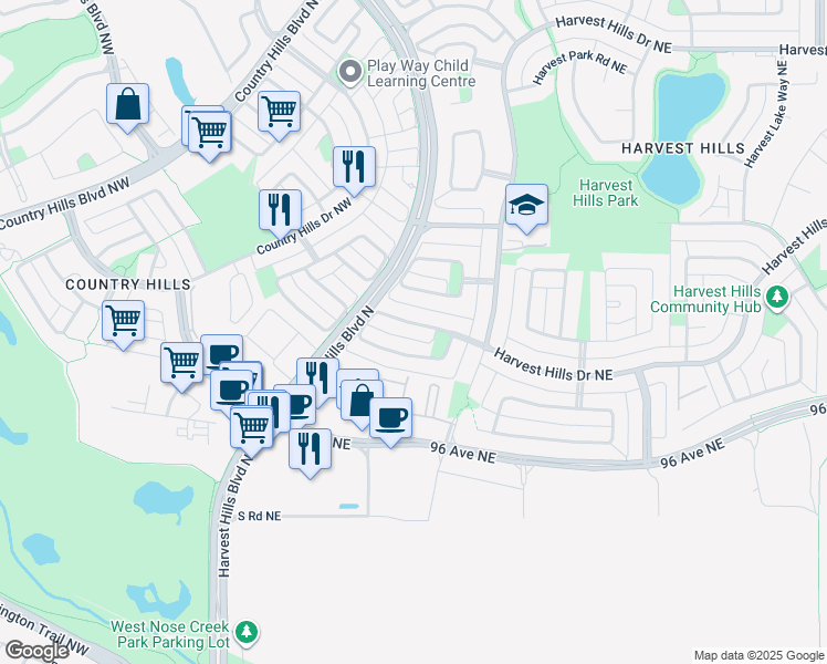 map of restaurants, bars, coffee shops, grocery stores, and more near 63 Harvest Gold Circle Northeast in Calgary
