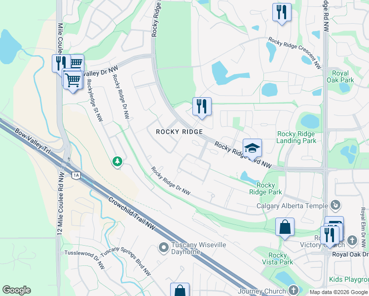 map of restaurants, bars, coffee shops, grocery stores, and more near 179 Rocky Ridge Circle Northwest in Calgary