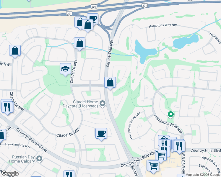 map of restaurants, bars, coffee shops, grocery stores, and more near 11 Citadel Grove Northwest in Calgary