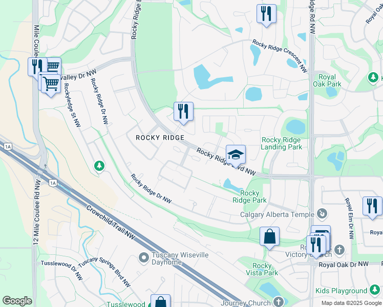 map of restaurants, bars, coffee shops, grocery stores, and more near 175 Rocky Ridge Court Northwest in Calgary