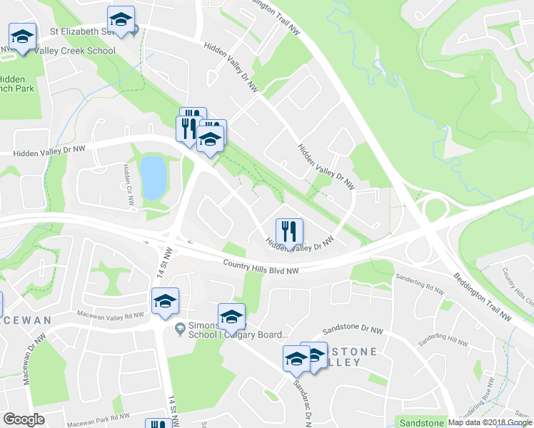 map of restaurants, bars, coffee shops, grocery stores, and more near 108 Hidden Vale Crescent Northwest in Calgary