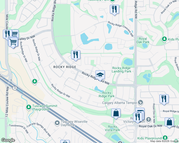 map of restaurants, bars, coffee shops, grocery stores, and more near 49 Rocky Ridge Gate Northwest in Calgary