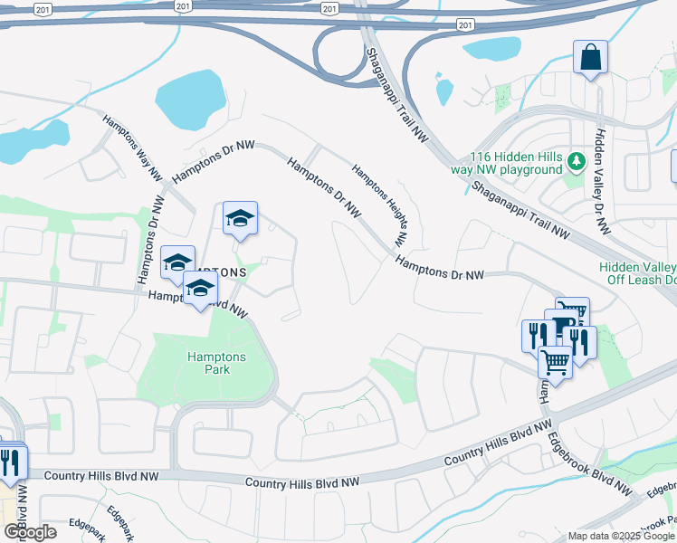 map of restaurants, bars, coffee shops, grocery stores, and more near 107 Hamptons Link Northwest in Calgary