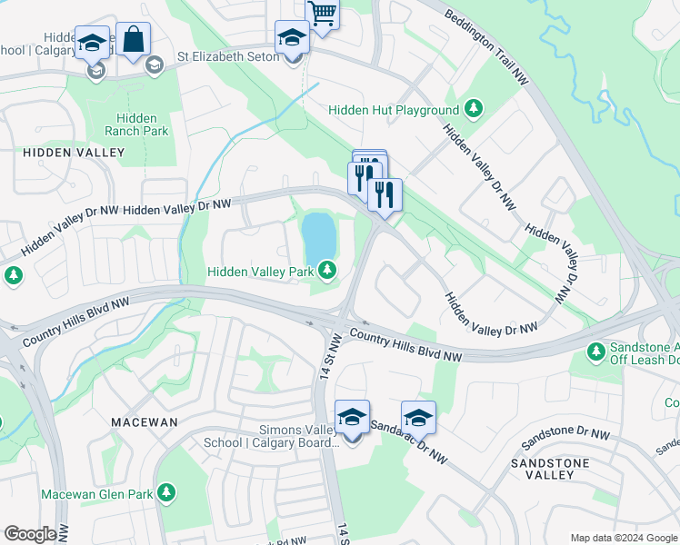 map of restaurants, bars, coffee shops, grocery stores, and more near 53 Hidden Valley Heights Northwest in Calgary