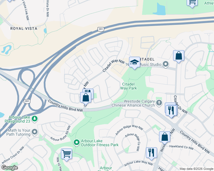 map of restaurants, bars, coffee shops, grocery stores, and more near Citadel Estates Heights Northwest in Calgary