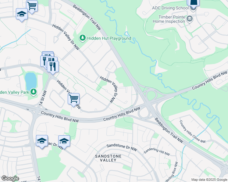map of restaurants, bars, coffee shops, grocery stores, and more near 10321 Hidden Valley Drive Northwest in Calgary
