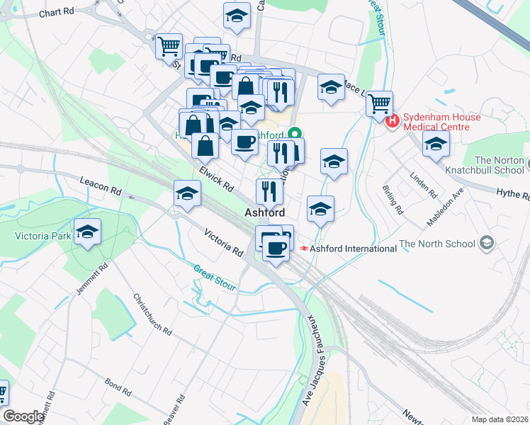 map of restaurants, bars, coffee shops, grocery stores, and more near in Ashford