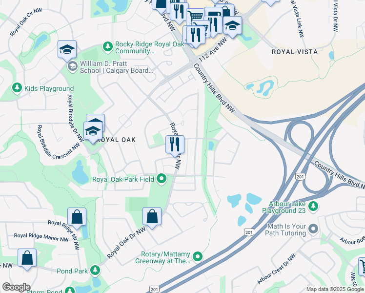map of restaurants, bars, coffee shops, grocery stores, and more near 83 Royal Oak Drive Northwest in Calgary
