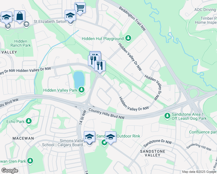 map of restaurants, bars, coffee shops, grocery stores, and more near 10154 Hidden Valley Drive Northwest in Calgary