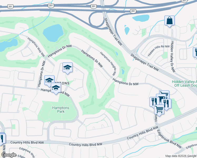 map of restaurants, bars, coffee shops, grocery stores, and more near 26 Hamptons Link Northwest in Calgary