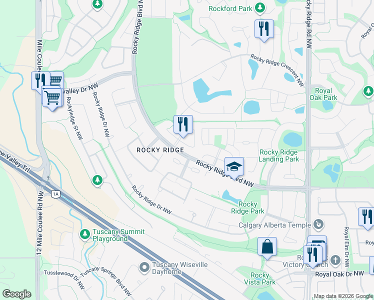 map of restaurants, bars, coffee shops, grocery stores, and more near 56 Rocky Ridge Heath Northwest in Calgary