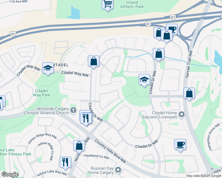map of restaurants, bars, coffee shops, grocery stores, and more near 166 Citadel Crest Circle Northwest in Calgary