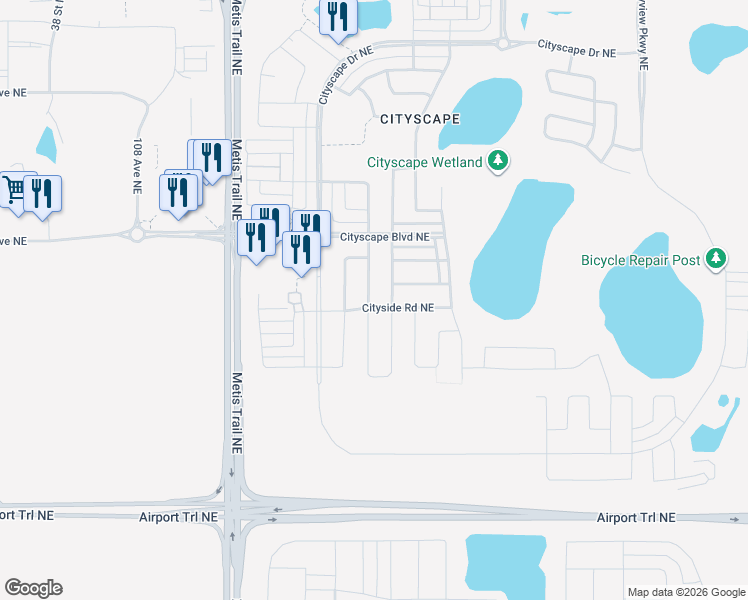 map of restaurants, bars, coffee shops, grocery stores, and more near 9 Cityside Rise Northeast in Calgary
