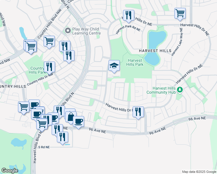 map of restaurants, bars, coffee shops, grocery stores, and more near 545 Harvest Hills Drive Northeast in Calgary