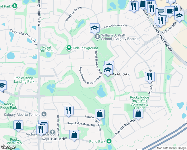 map of restaurants, bars, coffee shops, grocery stores, and more near 42 Royal Birkdale Court Northwest in Calgary