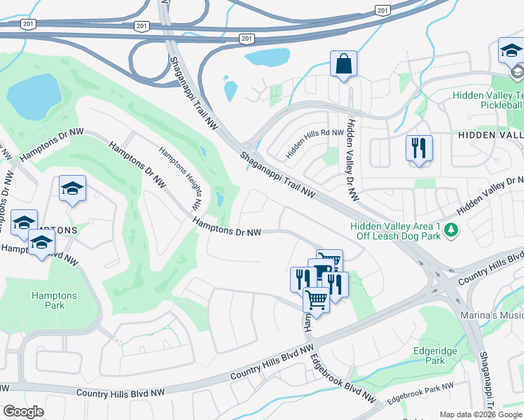 map of restaurants, bars, coffee shops, grocery stores, and more near 115 Hampstead Rise Northwest in Calgary