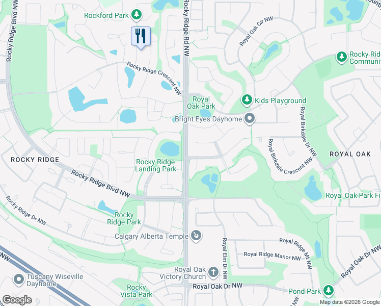 map of restaurants, bars, coffee shops, grocery stores, and more near 6 Royal Highland Road Northwest in Calgary