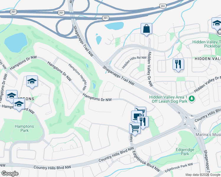 map of restaurants, bars, coffee shops, grocery stores, and more near 115 Hampstead Rise Northwest in Calgary